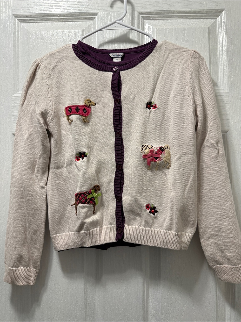Hartstrings Cream Cardigan with Purple Trim and Dog Appliqués